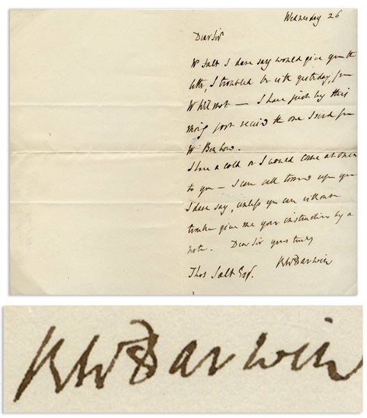 Robert Darwin Autograph Letter Signed From 1842, Shortly After Charles Darwin Published The Voyage of the Beagle